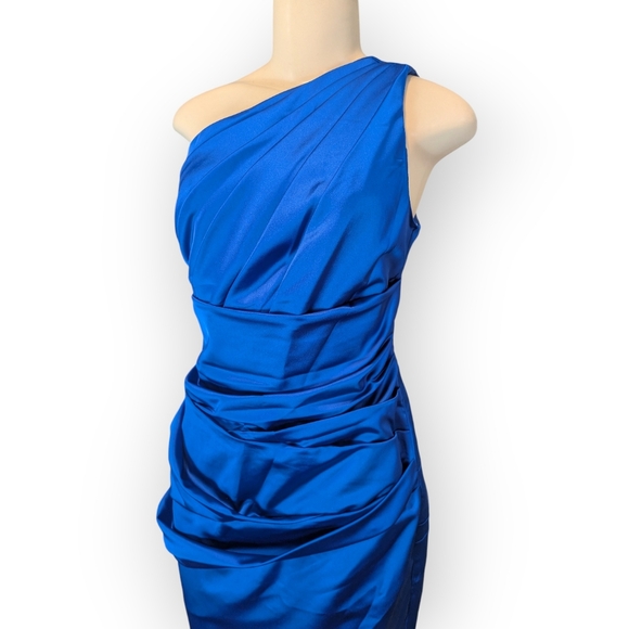 David's Bridal One Shoulder Asymmetrical Ruched Horizon Blue Cocktail Dress 16 - Picture 12 of 16